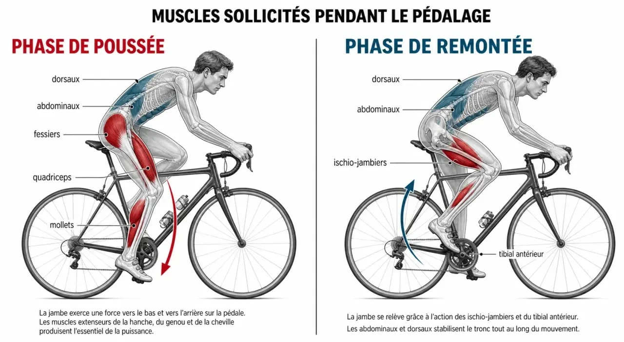 Schéma des muscles sollicités par le muscle velo pendant le pédalage