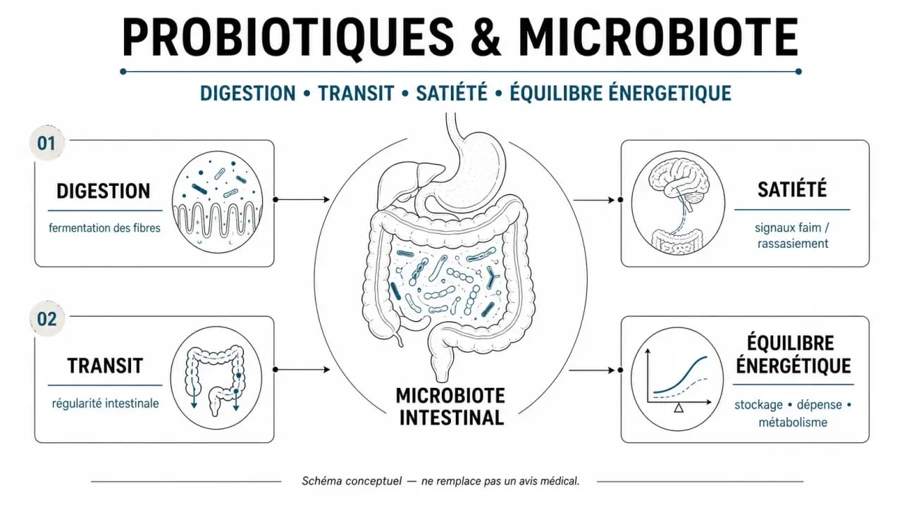 Probiotiques pour maigrir : schéma éditorial du microbiote intestinal, de la digestion et de la satiété
