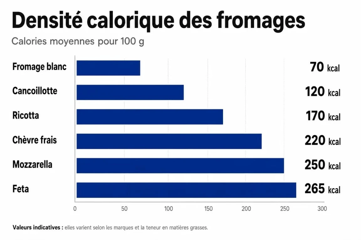 Infographie comparative des calories pour 100g des fromages les moins caloriques pour une alimentation équilibrée.