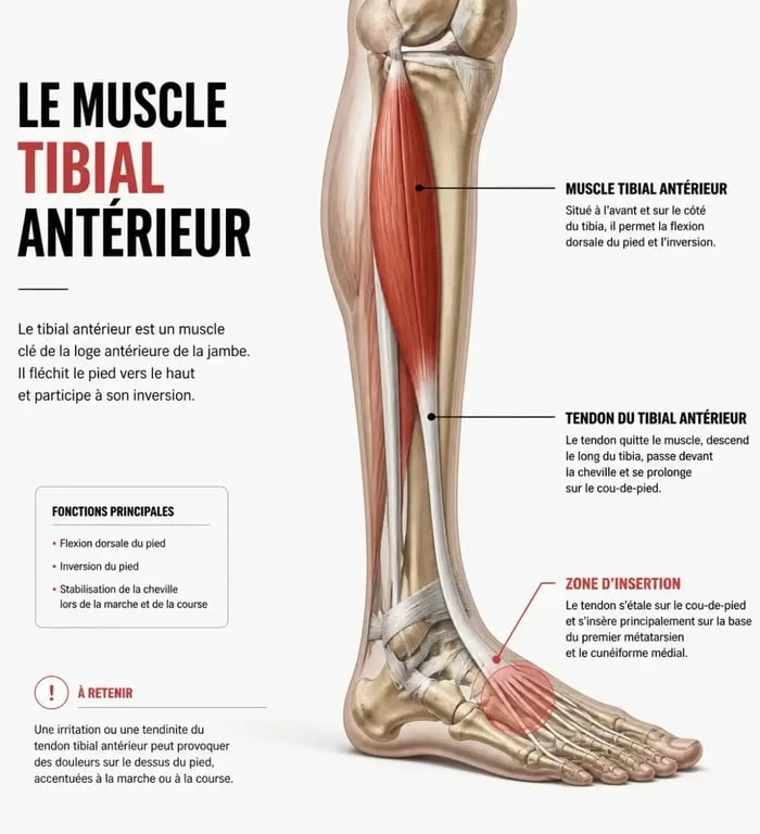 Schéma anatomique du muscle tibial antérieur et du tendon releveur du pied pour comprendre la tendinite