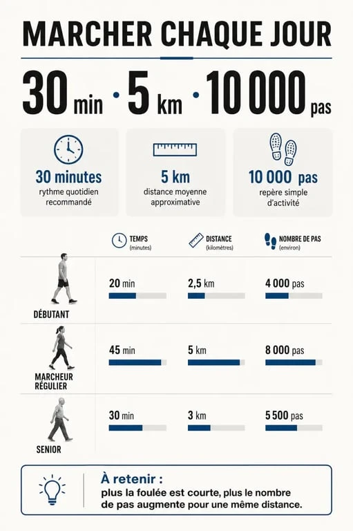 Combien de km faut il marcher par jour : infographie éditoriale avec repères en kilomètres, pas et durée