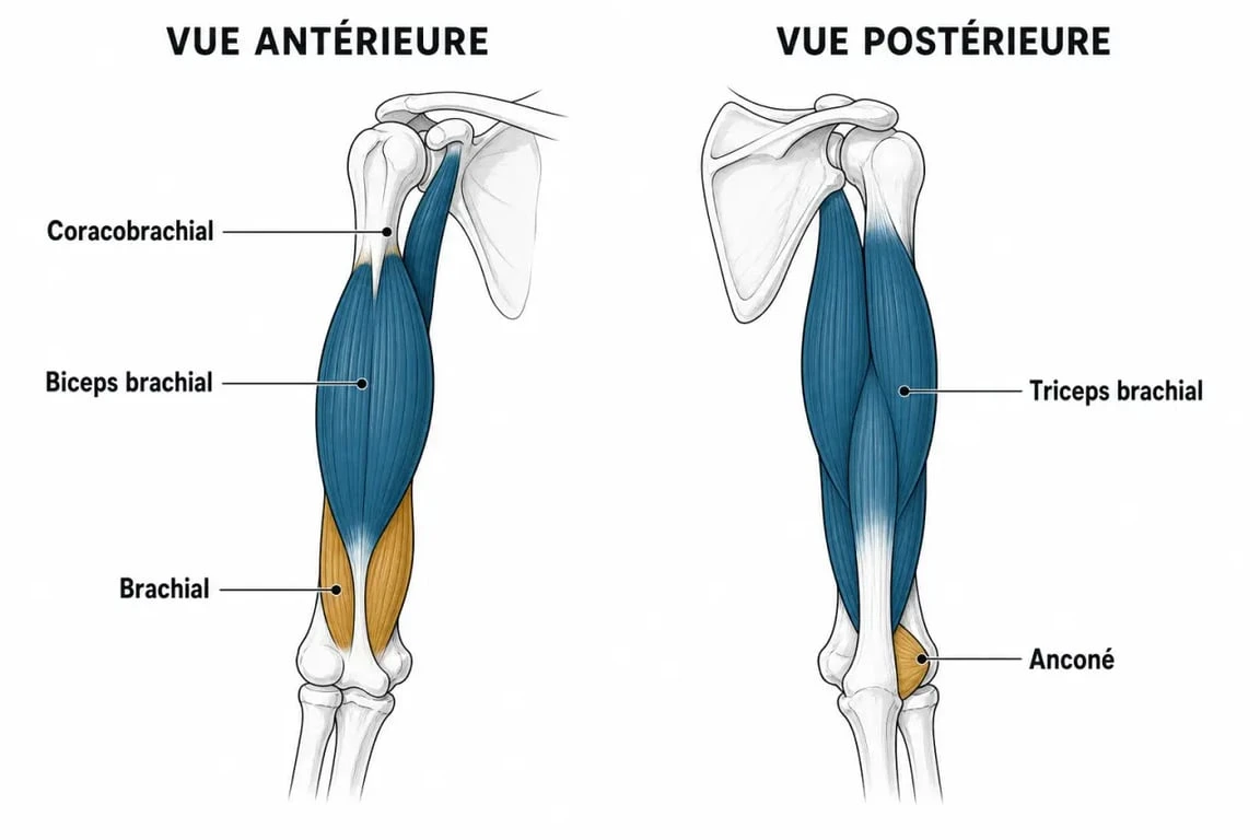 Schéma des muscles du bras avec biceps, brachial, coracobrachial, triceps et anconé
