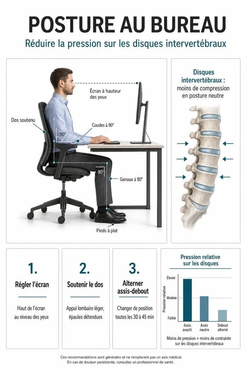 Infographie des bonnes postures de travail pour prévenir les douleurs liées à la discopathie dégénérative