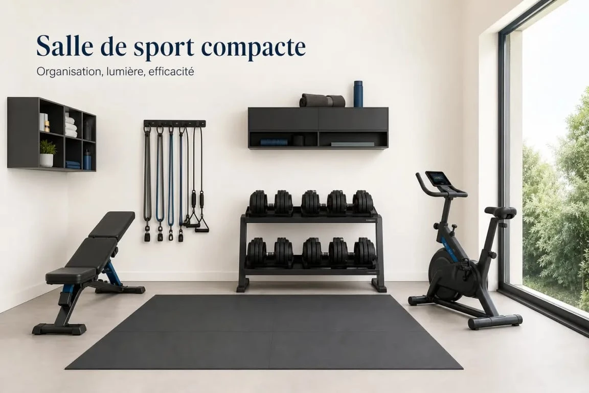 Salle de sport à la maison bien organisée avec tapis, haltères et vélo compact
