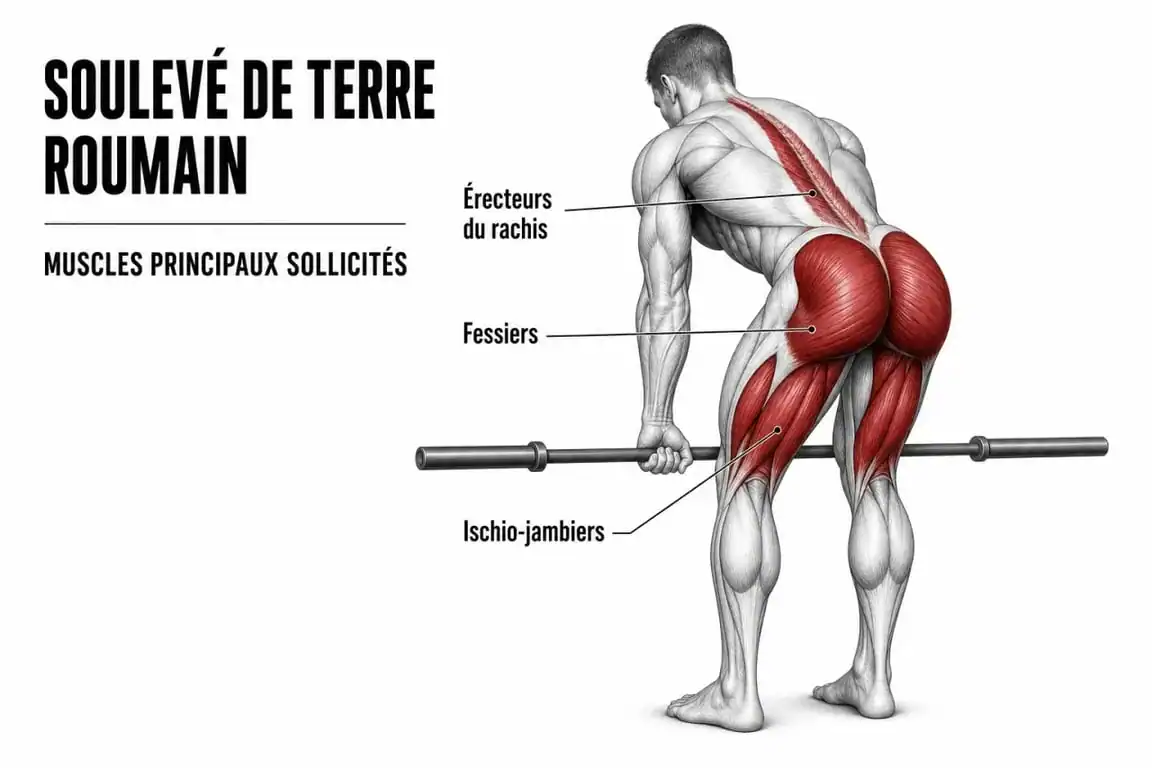 Schéma anatomique des muscles sollicités lors du soulevé de terre roumain