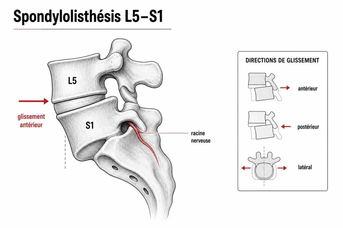 Antélisthésis de L5 sur S1 : schéma médical du glissement vertébral vers l’avant