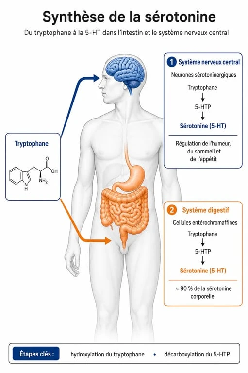 Schéma explicatif de la production de sérotonine dans l'organisme et son rôle sur l'humeur