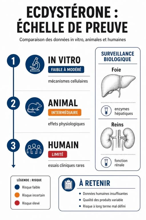 Infographie sur les risques et le niveau de preuve scientifique de l'ecdystérone pour la santé