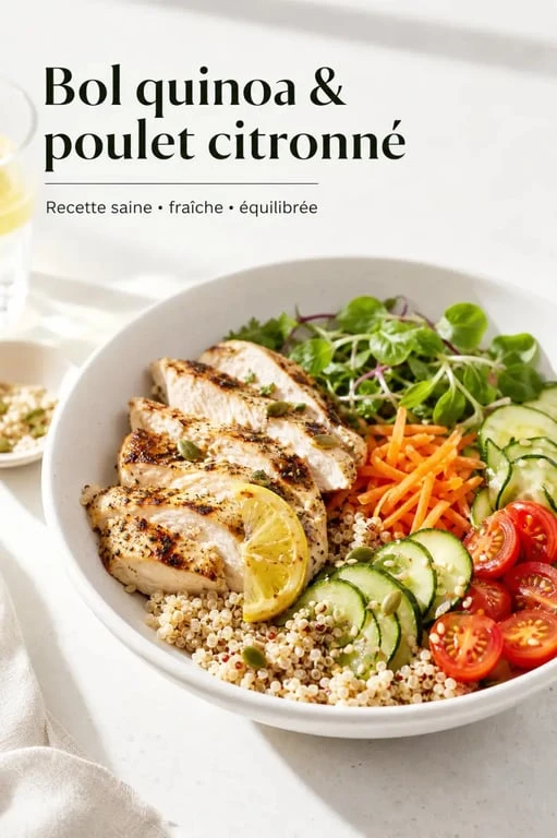 Recette saine en bol de quinoa, poulet citronné et légumes croquants