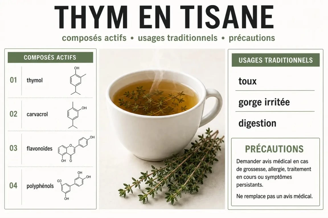 Bienfait du thym en tisane : infographie sur les composés actifs, les usages et les précautions