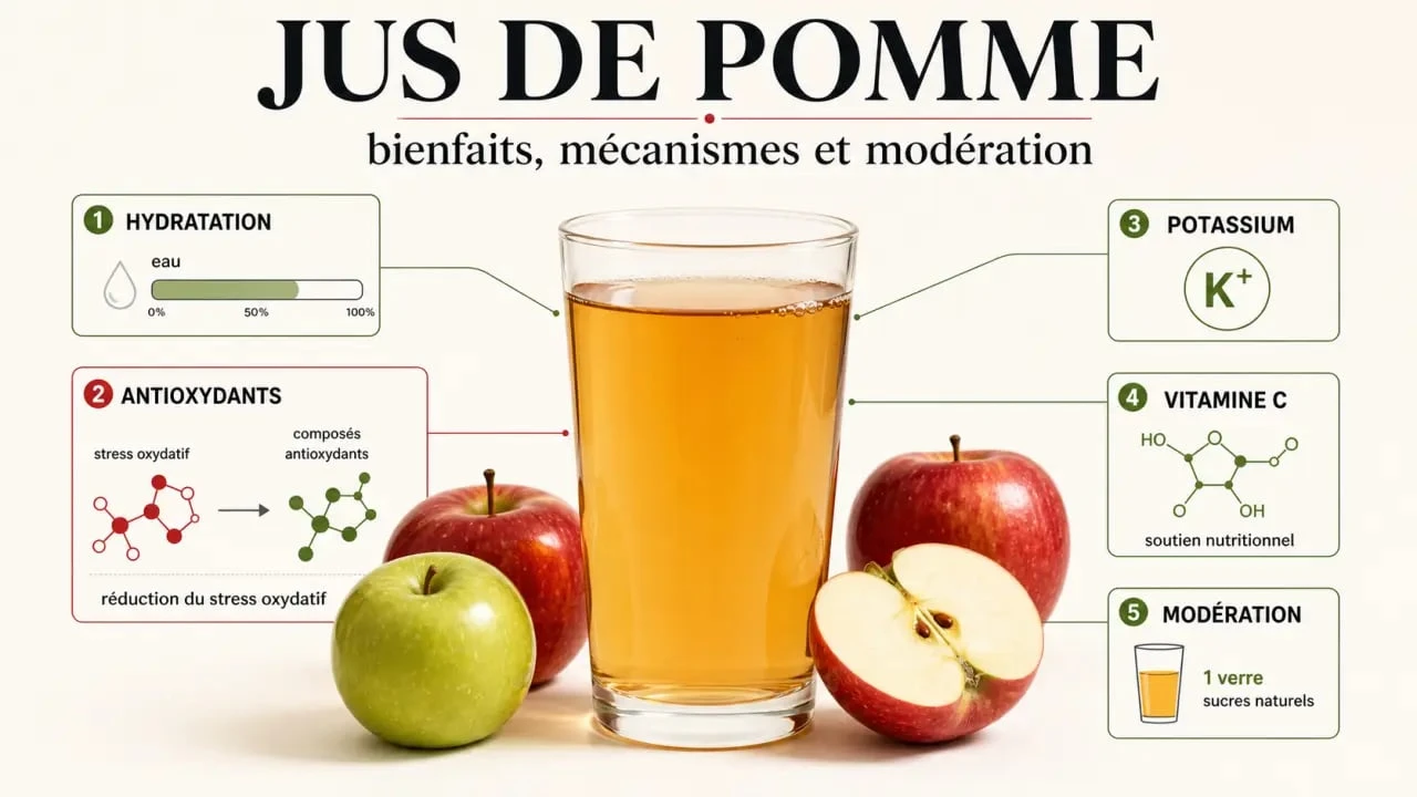 Infographie sur les bienfaits du jus de pommes bienfaits : hydratation, antioxydants et modération