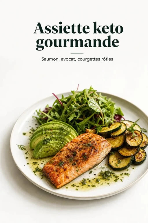 Recette keto : assiette gourmande de saumon, avocat et légumes verts