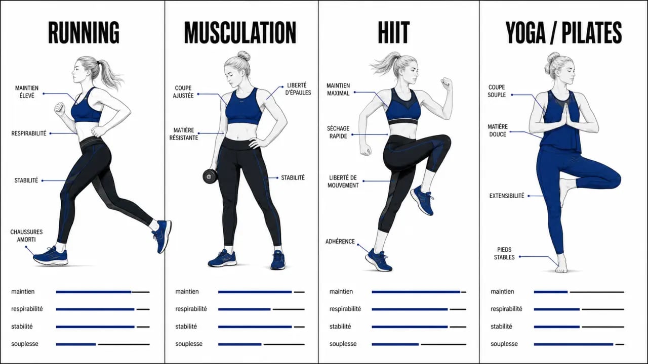 Optimiser sa tenue sportive pour gagner en confiance et performance : comparaison visuelle des critères selon running, musculation, HIIT et yoga