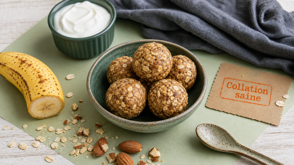 Idées de collations saines : energy balls avoine-banane, yaourt grec et amandes