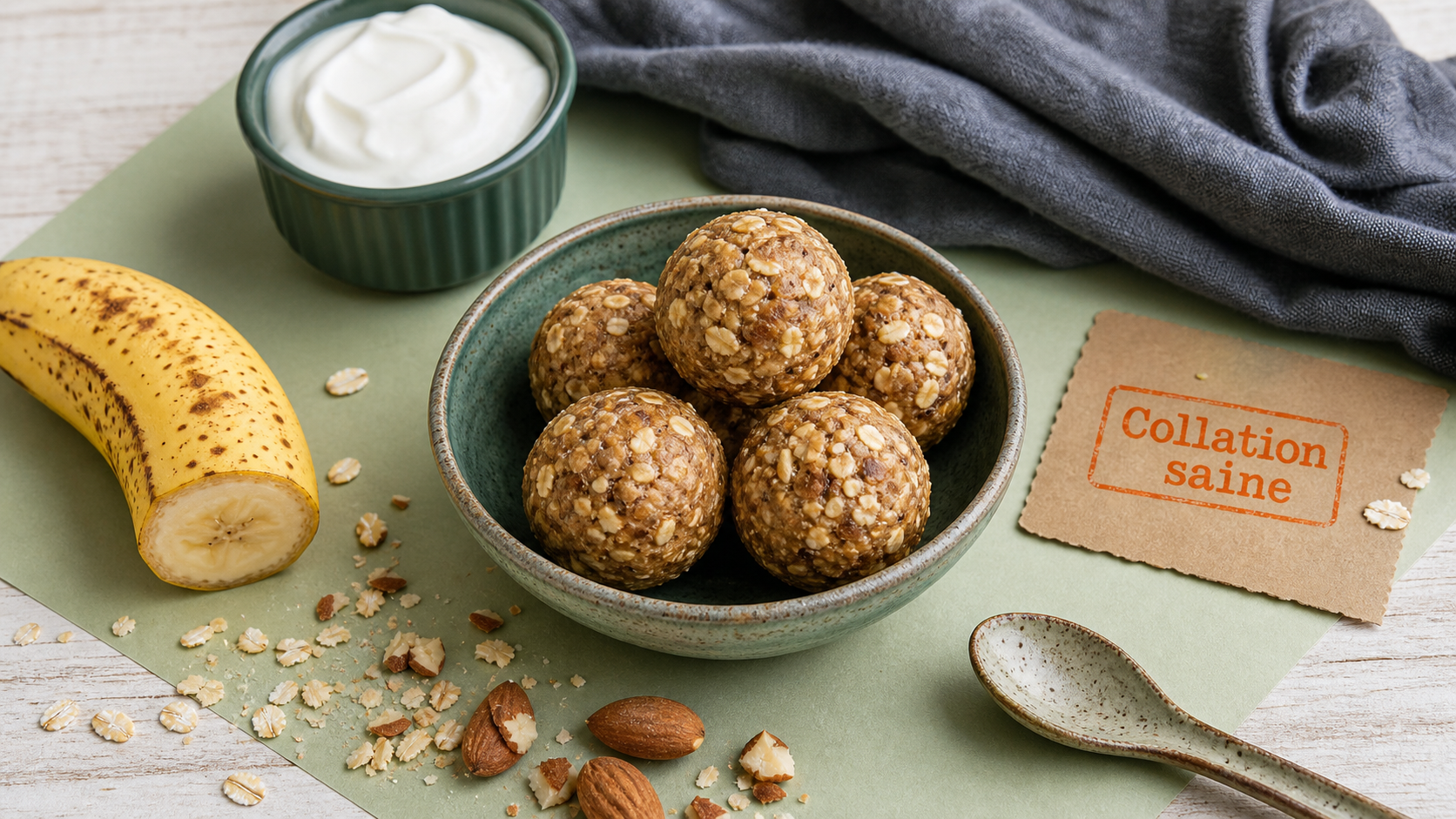 Idées de collations saines : energy balls avoine-banane, yaourt grec et amandes