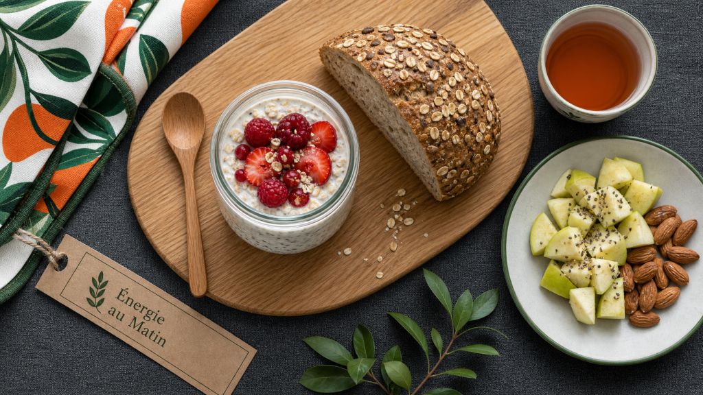 Idées de petit-déjeuner équilibré : porridge, fruits rouges et thé sans sucre