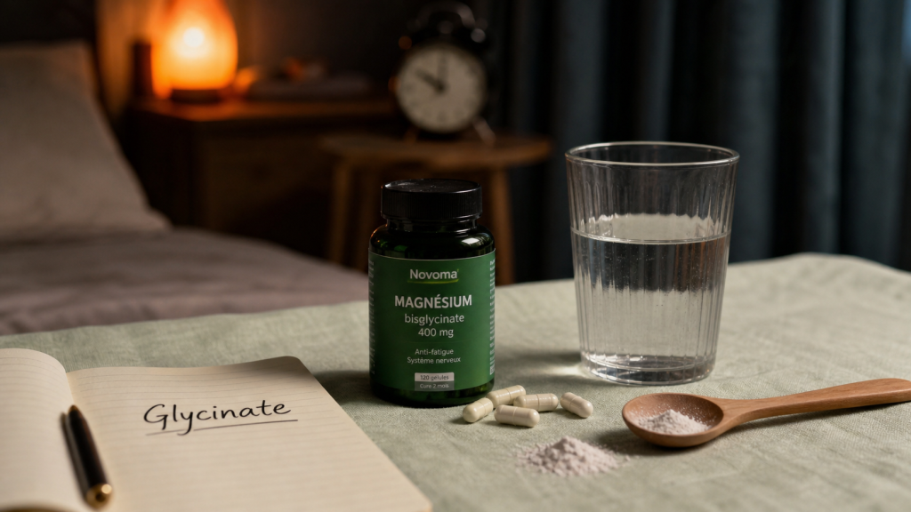 Magnésium et sommeil : glycinate 300 mg, capsules et eau tiède
