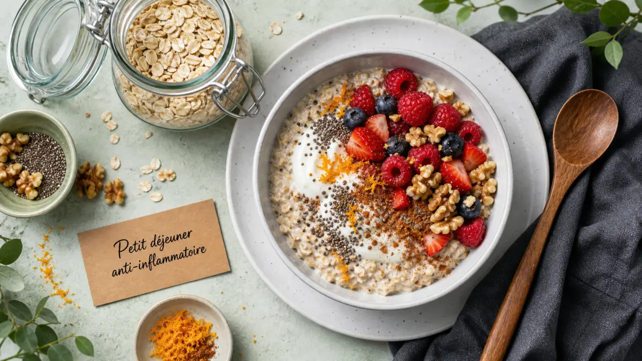 Petit dejeuner anti inflammatoire : bol d’overnight oats aux fibres et bons lipides