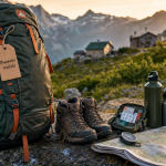 Préparer un trek en montagne : sac 8 kg, carte et boussole sur sentier.