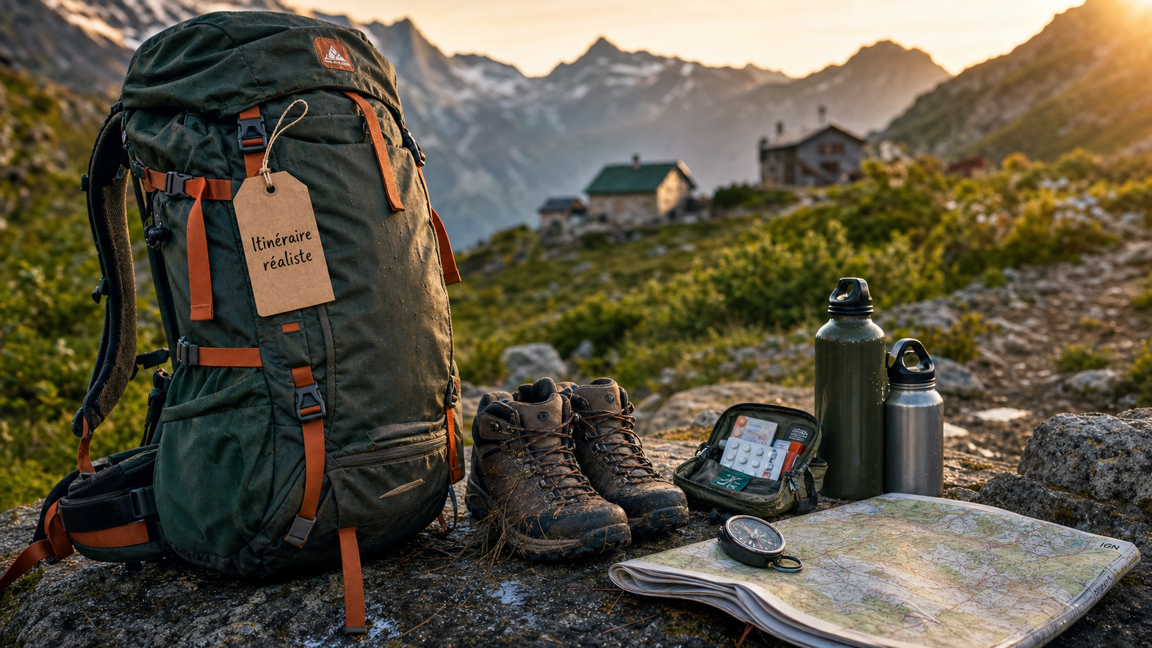 Préparer un trek en montagne : sac 8 kg, carte et boussole sur sentier.