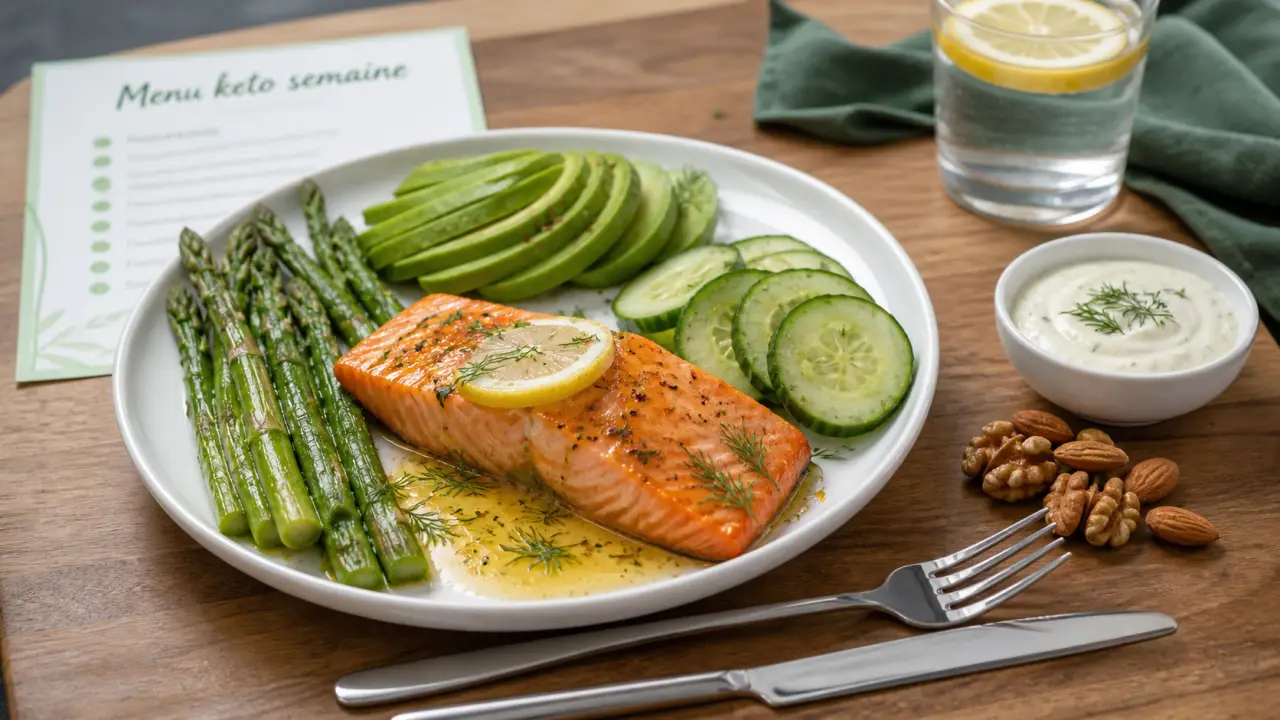 Recette keto : assiette saumon, avocat et noix, menu journée