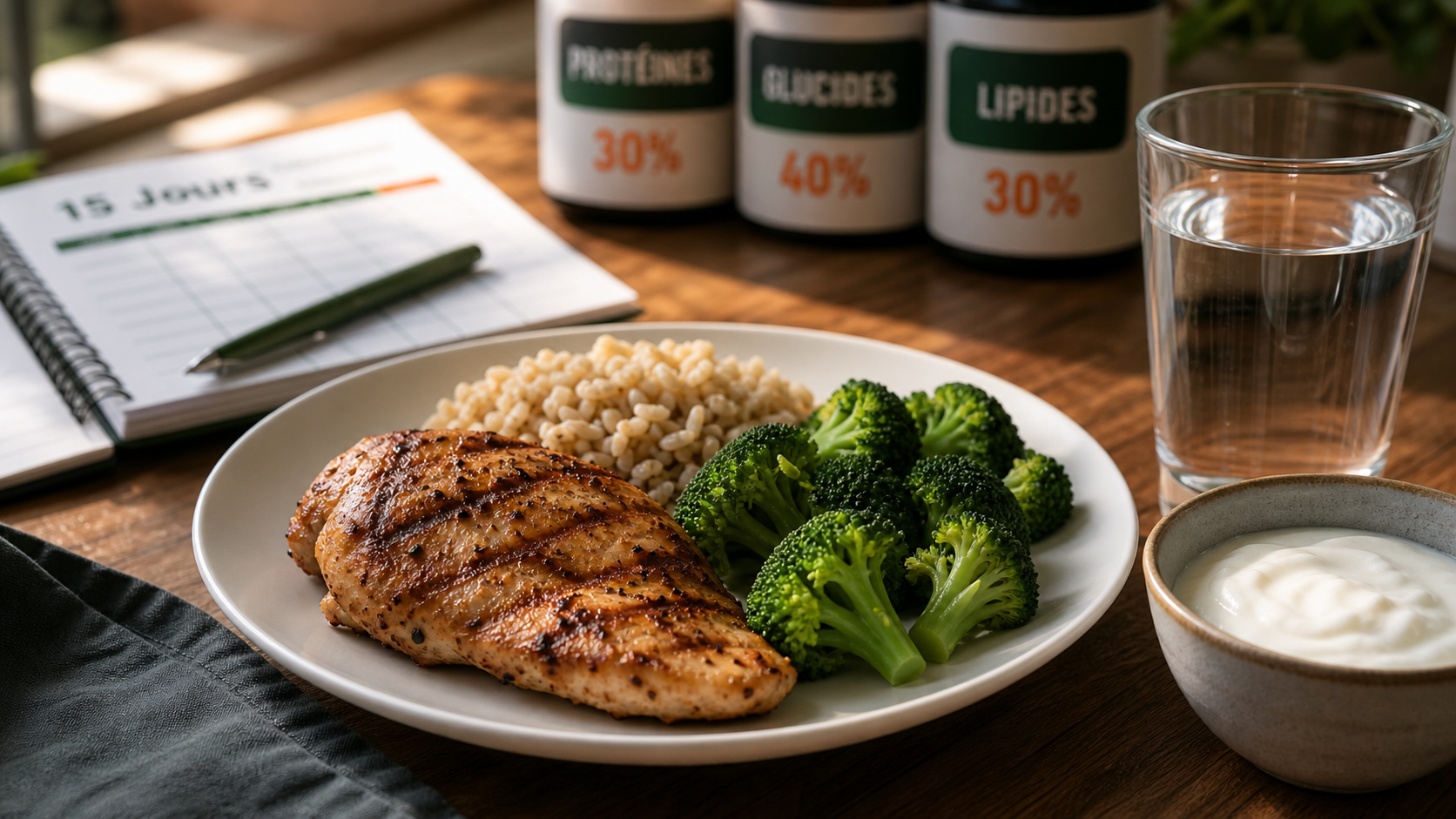 Regime proteine 15 jours : poulet grillé, brocoli, riz et yaourt nature
