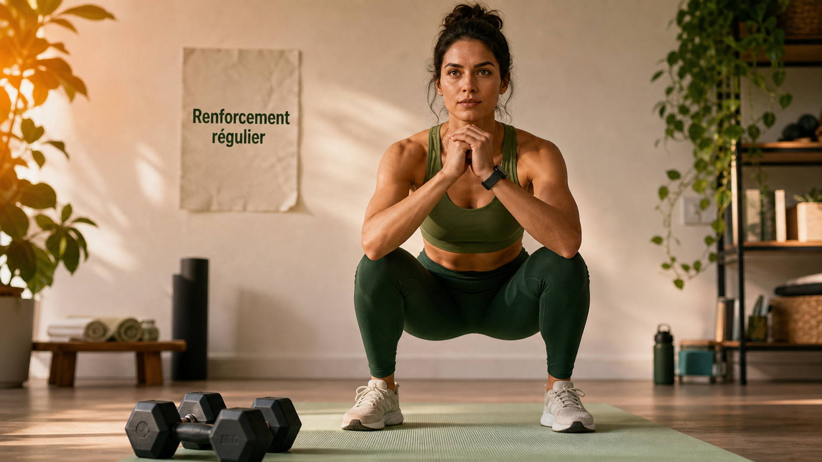 Séance de renforcement musculaire : squat contrôlé sur tapis, sans matériel