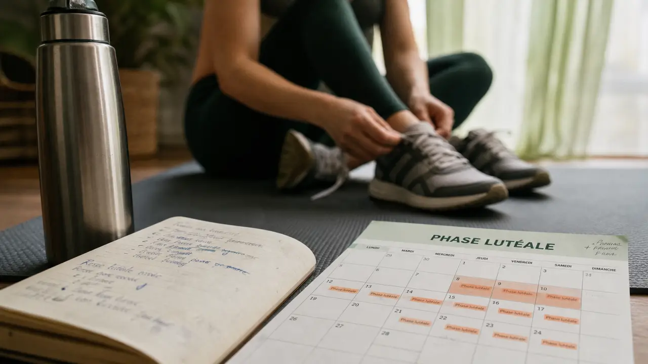 Sport et cycle menstruel : carnet de phases lutéale, chaussures et gourde pour l’entraînement
