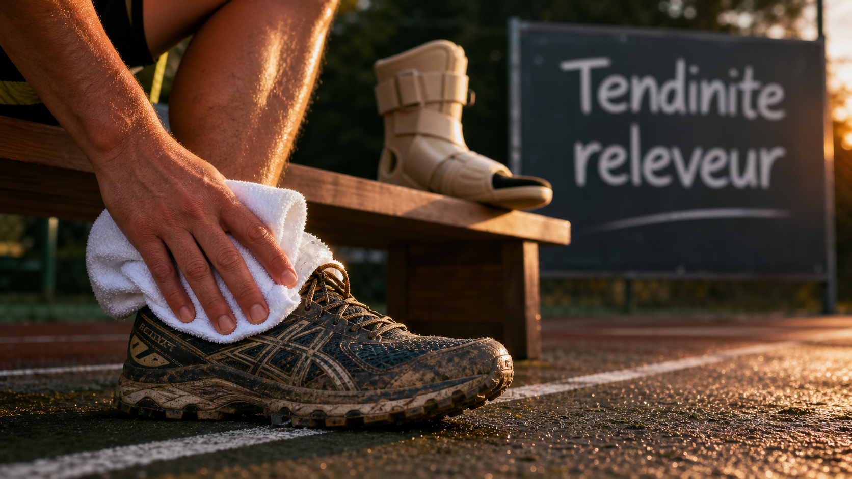 Tendinite releveur du pied : attelle et glace sur le haut du pied
