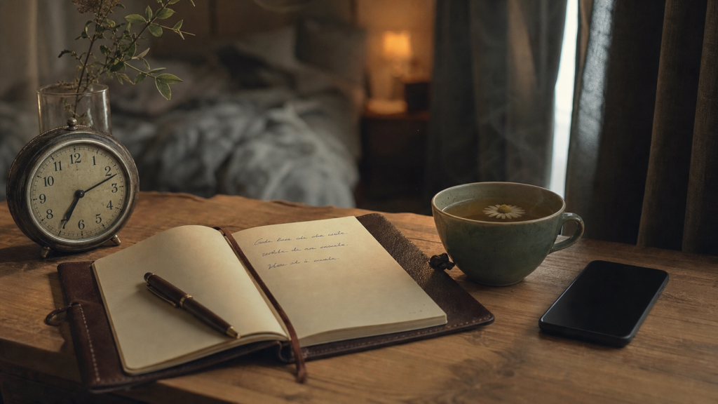 Une routine du soir pour bien dormir à 18-19°C, tisane et réveil sur table