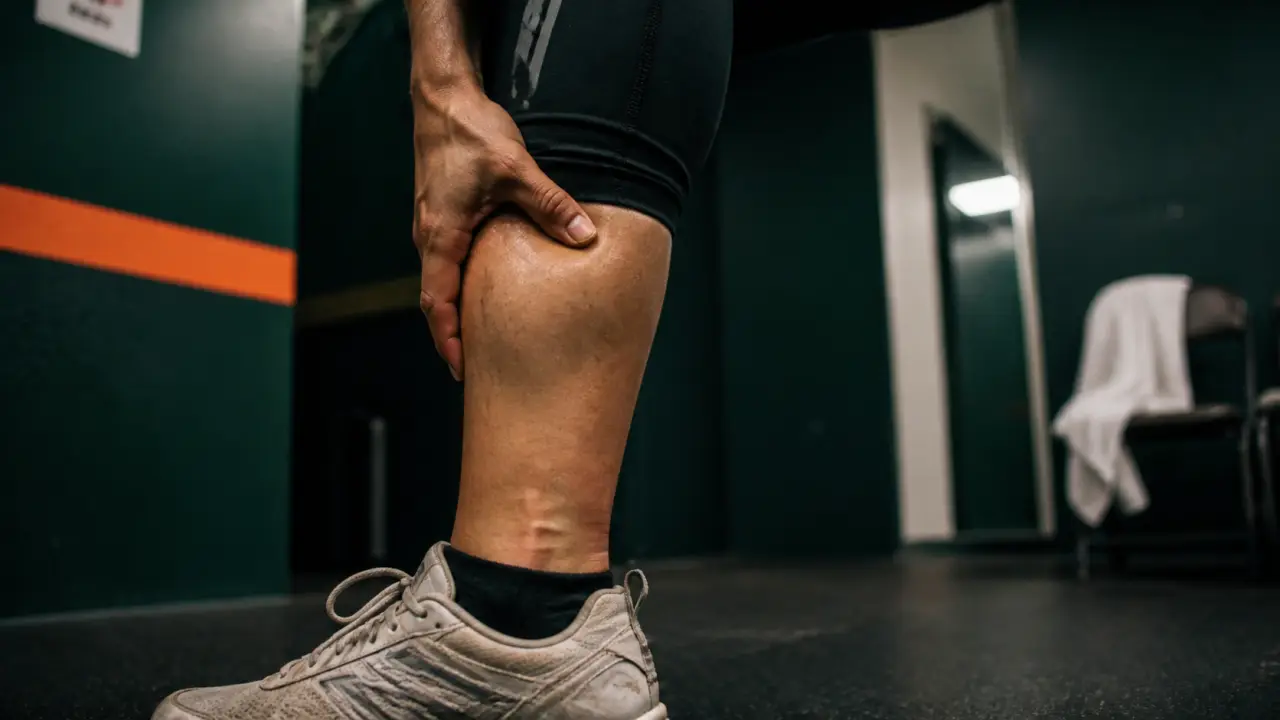 Contracture mollet : main sur muscle dur, douleur à l’étirement