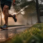 Course à pied progresser : coureur au lever du jour, focus chaussures, parc urbain humide