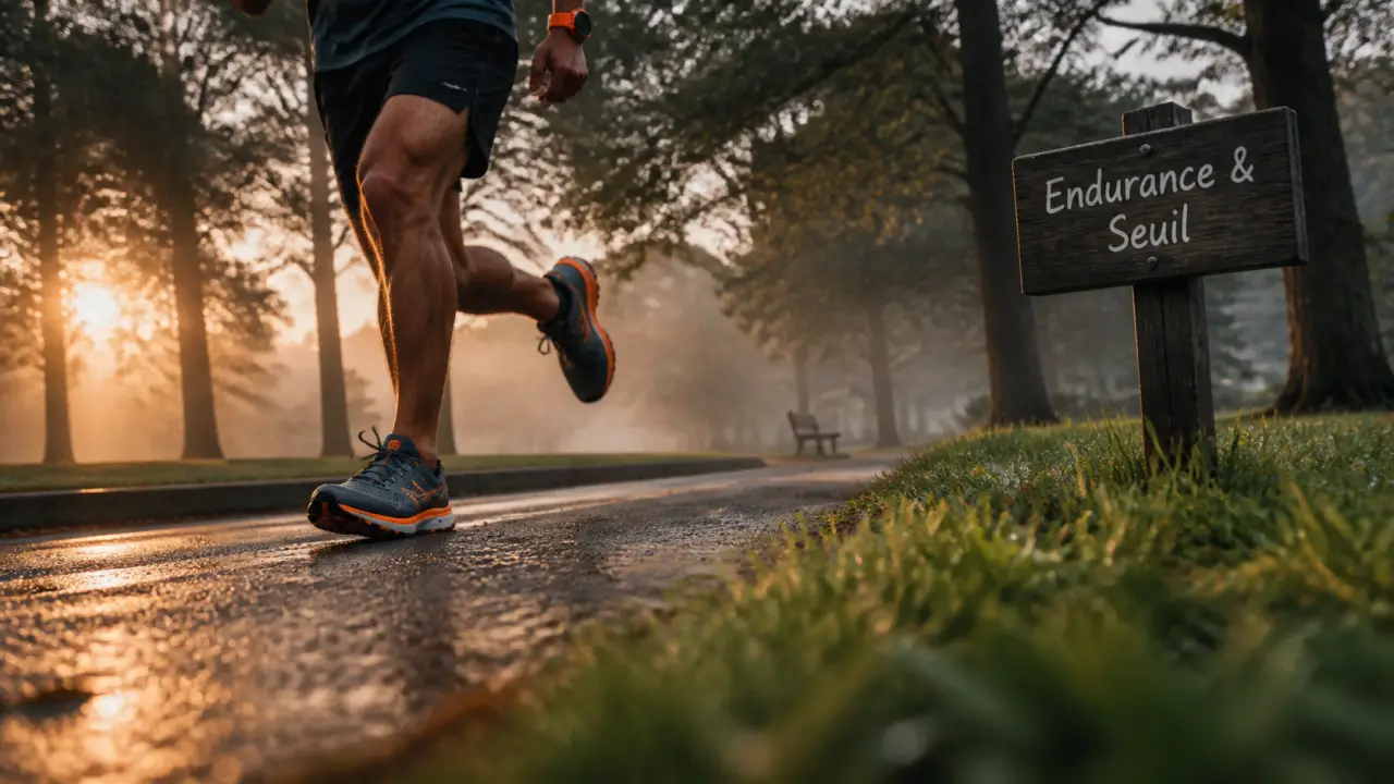 Course à pied progresser : coureur au lever du jour, focus chaussures, parc urbain humide