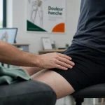 Douleur a la hanche : palpation kinésithérapie jambe fléchie