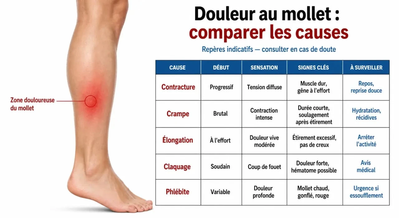 Contracture mollet : comparaison des symptômes avec crampe, élongation, claquage et phlébite