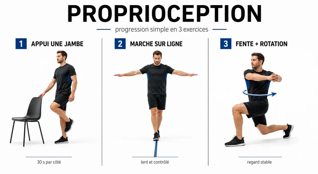 Travail proprioception : progression d’exercices d’appui sur une jambe, marche sur une ligne et fente avec rotation