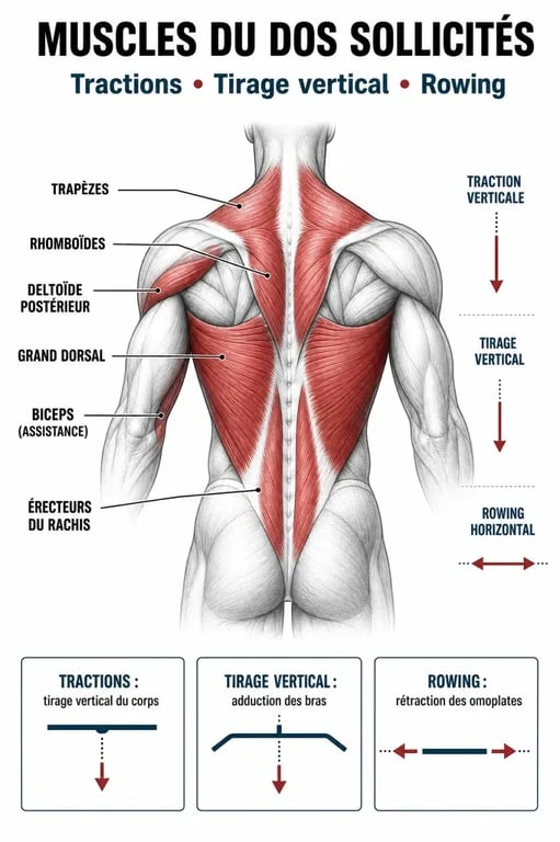 Exercice du dos musculation : schéma des muscles sollicités pendant les tractions et le rowing