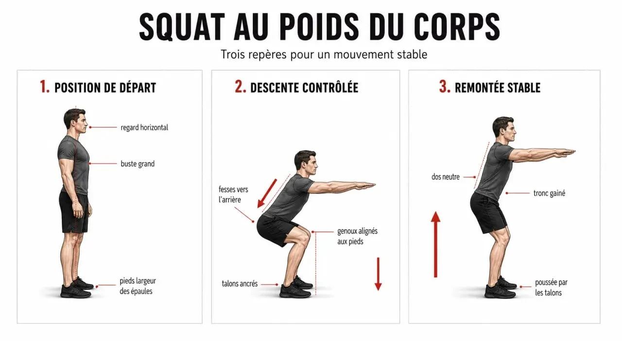 Sport le squat : position de départ, descente contrôlée et remontée d’un squat correct