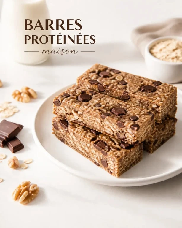 Recette barre proteine maison sur assiette blanche avec texture moelleuse et éclats de chocolat