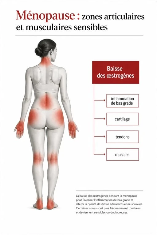 Ménopause et douleurs articulaires et musculaires : schéma des zones touchées et des mécanismes hormonaux