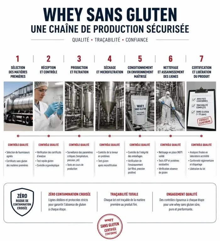 Schéma de production d'une whey sans gluten certifiée pour éviter la contamination croisée