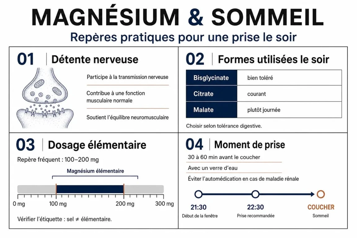 Infographie sur le magnésium sommeil : rôle, formes, dosage et moment de prise
