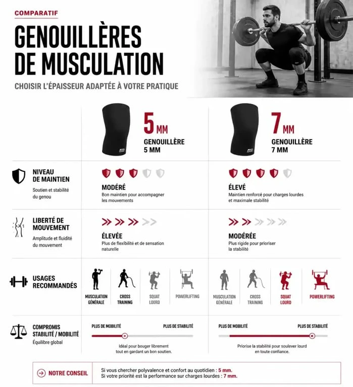 Infographie comparative sur la genouillère musculation 5 mm et 7 mm
