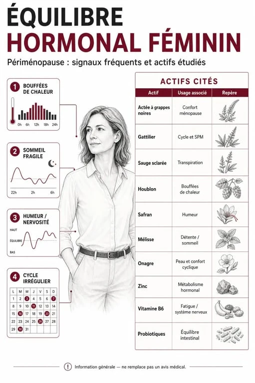Infographie sur l’équilibre hormonal femme complément alimentaire avec symptômes, actifs clés et précautions