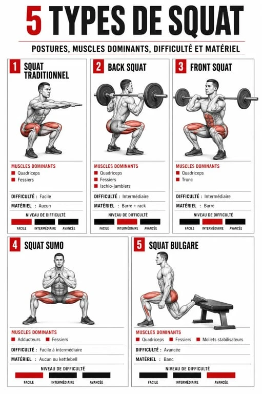 Les different type de squat comparés selon les muscles ciblés, le matériel et le niveau