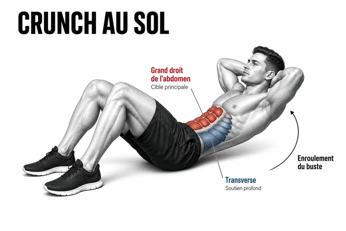 Muscles sollicités par le crunch au sol, avec le grand droit de l'abdomen mis en avant.
