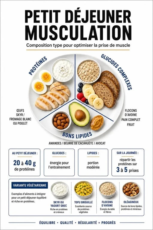 Petit déjeuner musculation en infographie avec protéines, glucides et lipides pour optimiser la prise de muscle