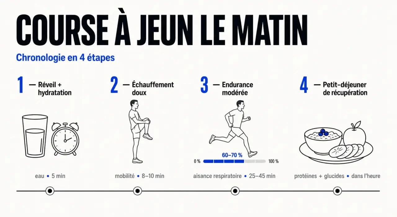 Courir à jeun le matin : chronologie avant, pendant et après la séance