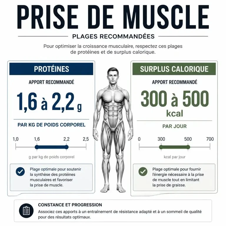 Repères nutritionnels pour prendre du muscle : protéines et surplus calorique