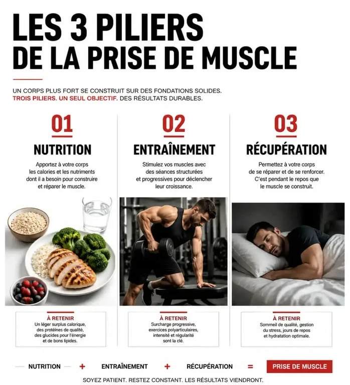 Infographie sur les trois piliers pour prendre du muscle : nutrition, entraînement et récupération